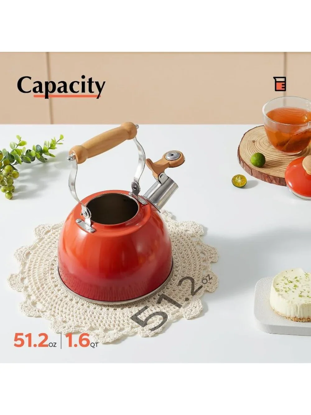 ROCKURWOK 1.6 Quart Red Whistling Tea Kettle Stainless Steel Stovetop Tea Pot